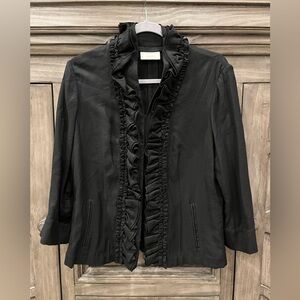 EUC Women’s CHICO’S Black Ruffle Open or Hook Front Dressy Jacket (Small/Medium)